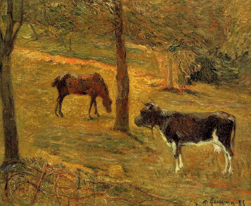 Horse and Cow in a Field - Paul Gauguin Painting